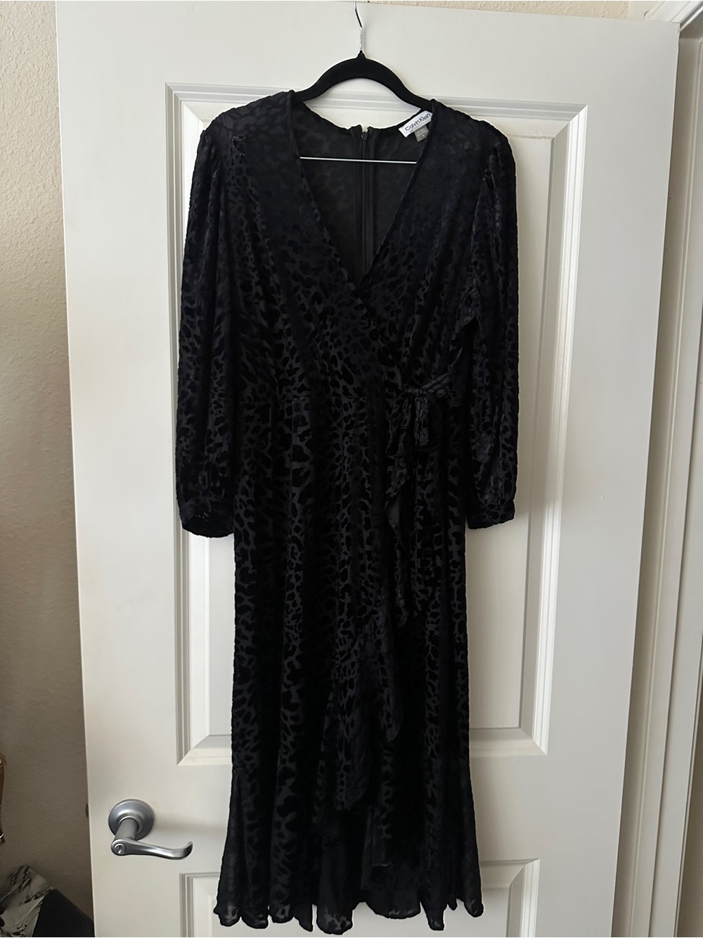 Calvin Klein Black Velvet Burnout Wrap Dress